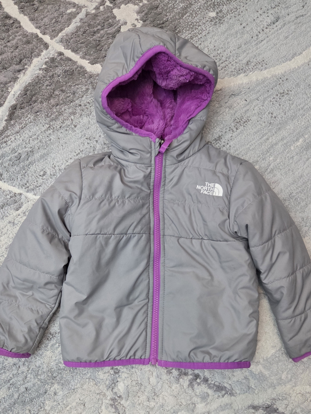 The North Face Kids Gray Puffer Jacket with Purple Lining